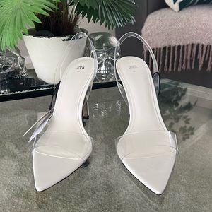 Zara pointed toe white and clear/ translucent/ vinyl slingback heeled sandals